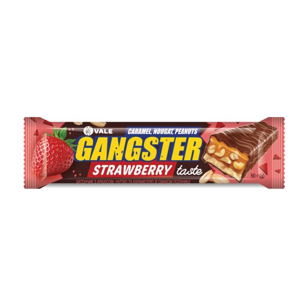 GANGSTER – батончик з арахісом, нугою та карамеллю зі смаком полуниці глазурований кондитерською глазур’ю